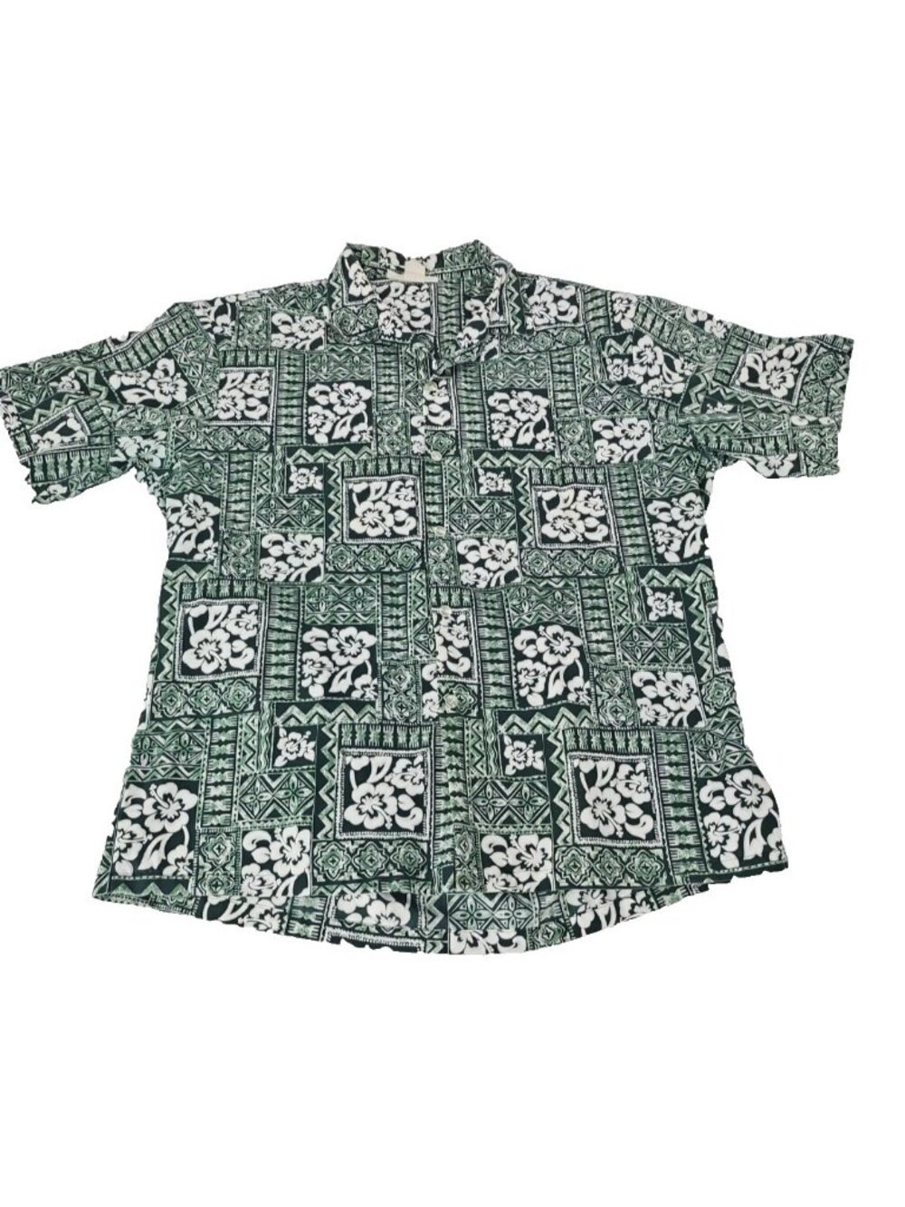 Vintage Shirt XL Made In Hawaii USA Green Hibiscus Tapa Aloha Camp Shirt Coastal